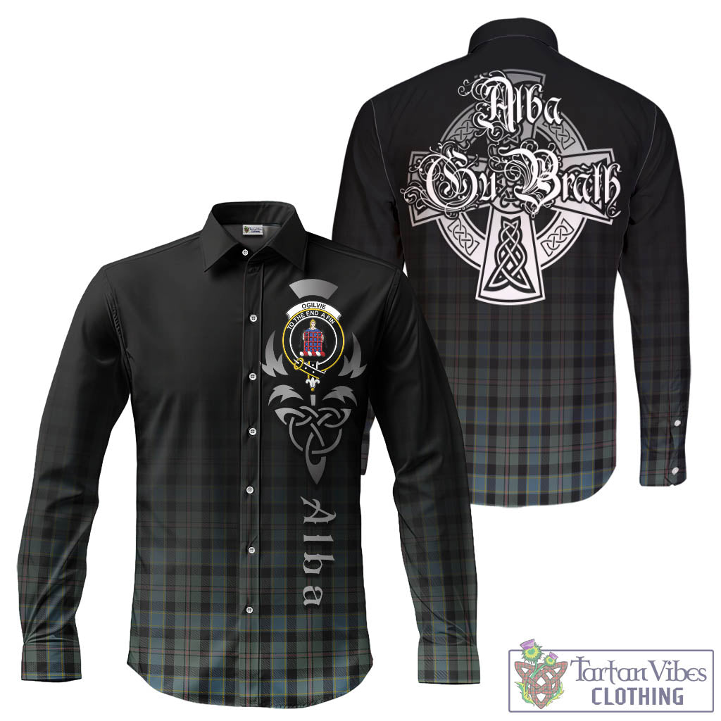 Tartan Vibes Clothing Ogilvie (Ogilvy) Hunting Tartan Long Sleeve Button Up Featuring Alba Gu Brath Family Crest Celtic Inspired