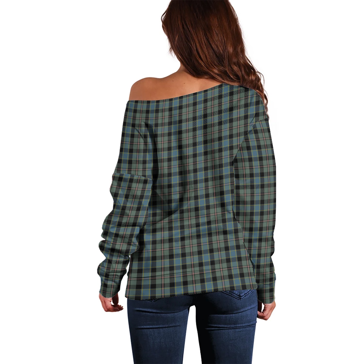 Ogilvie (Ogilvy) Hunting Tartan Off Shoulder Women Sweater with Family Crest - Tartanvibesclothing