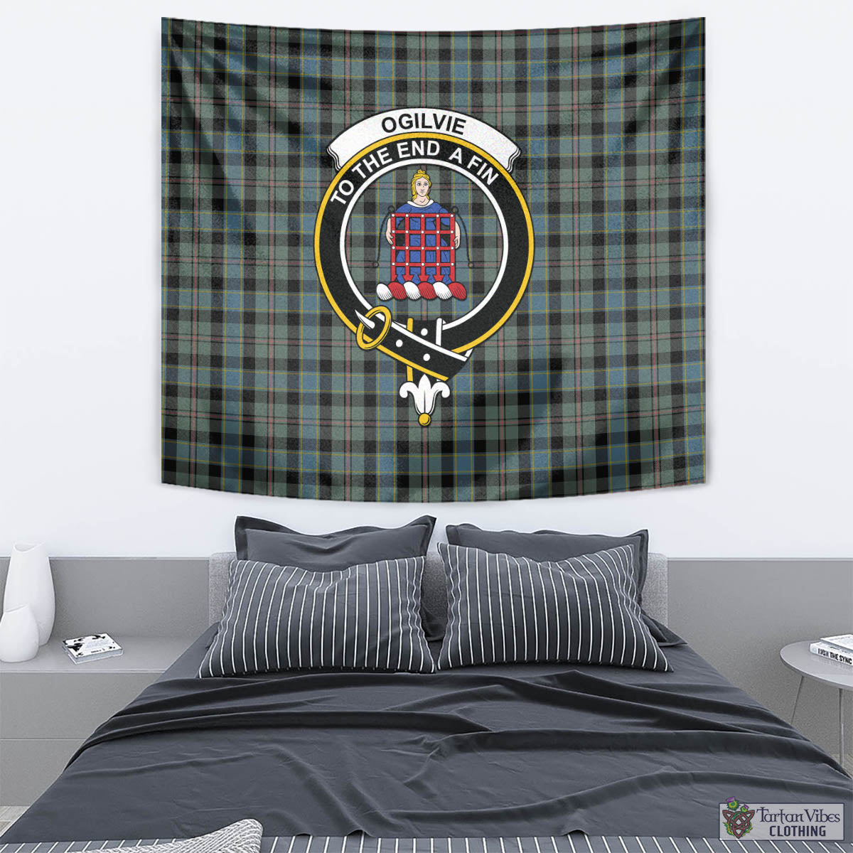 Tartan Vibes Clothing Ogilvie (Ogilvy) Hunting Tartan Tapestry Wall Hanging and Home Decor for Room with Family Crest