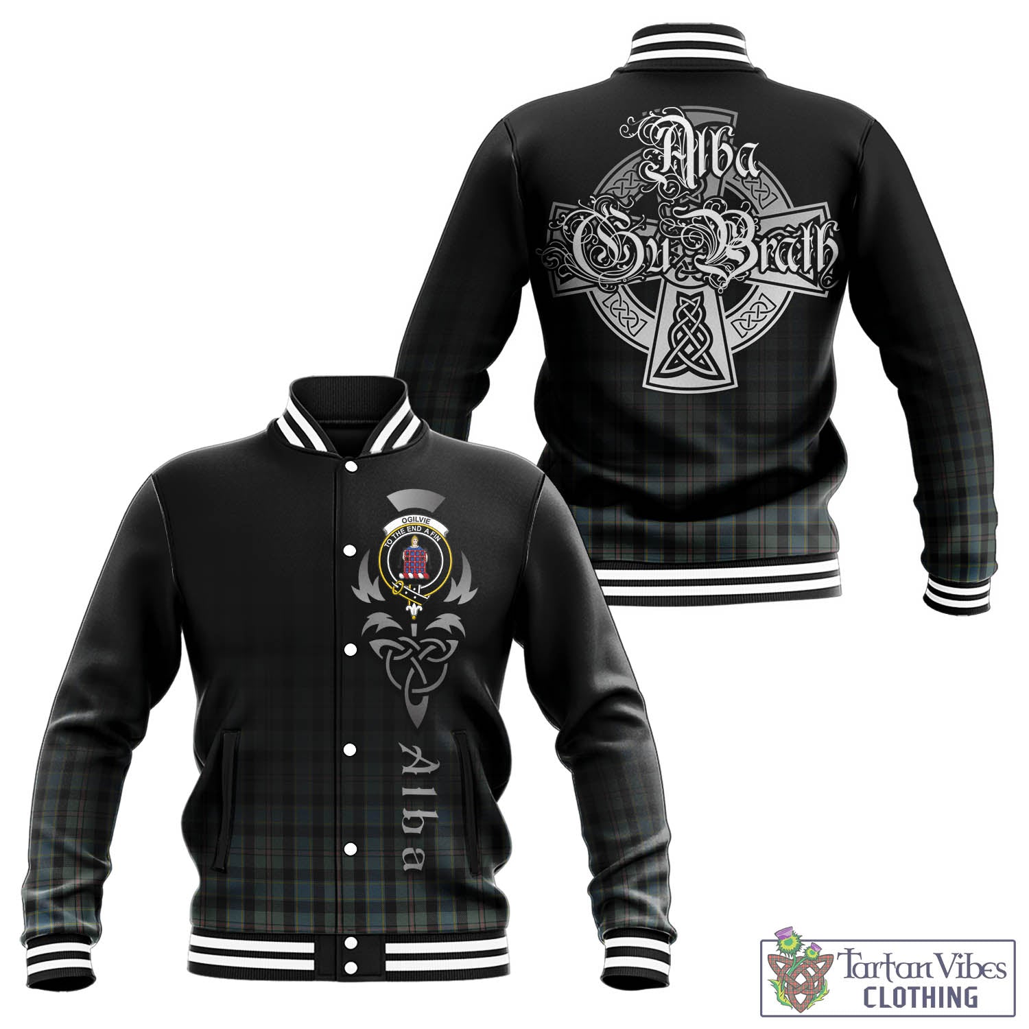 Tartan Vibes Clothing Ogilvie (Ogilvy) Hunting Tartan Baseball Jacket Featuring Alba Gu Brath Family Crest Celtic Inspired