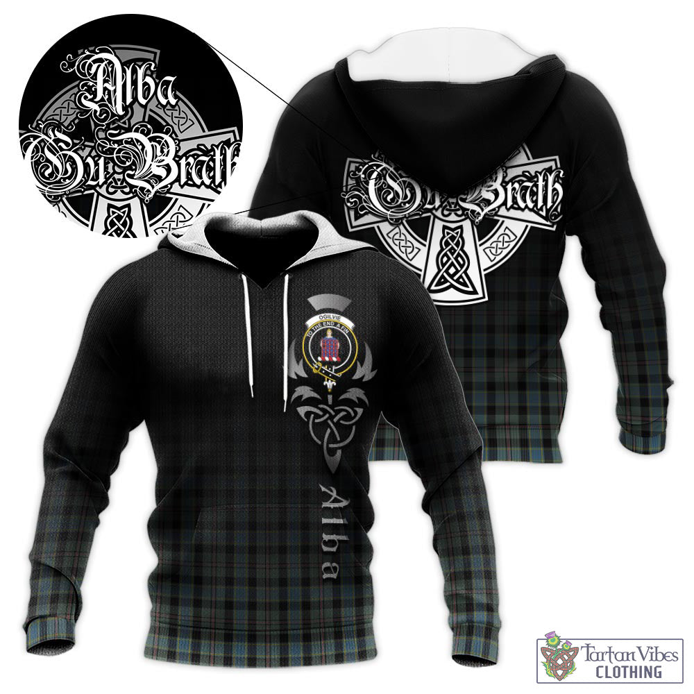 Tartan Vibes Clothing Ogilvie (Ogilvy) Hunting Tartan Knitted Hoodie Featuring Alba Gu Brath Family Crest Celtic Inspired