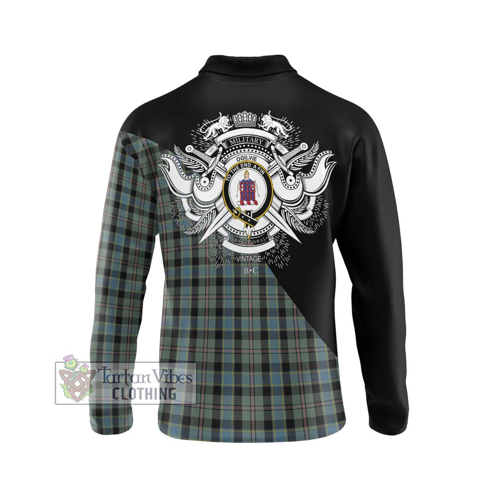 Ogilvie (Ogilvy) Hunting Tartan Long Sleeve Polo Shirt with Family Crest and Military Logo Style - Tartanvibesclothing Shop