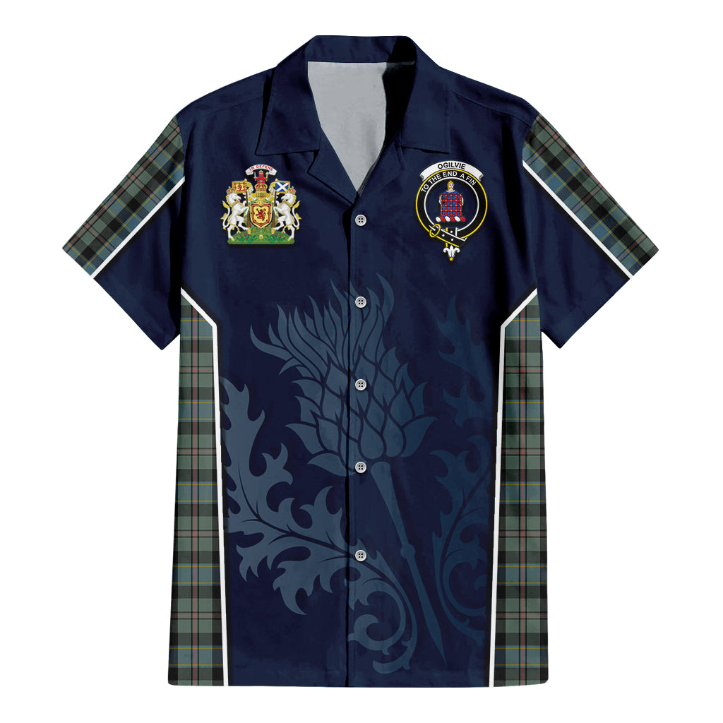 Tartan Vibes Clothing Ogilvie (Ogilvy) Hunting Tartan Short Sleeve Button Up Shirt with Family Crest and Scottish Thistle Vibes Sport Style