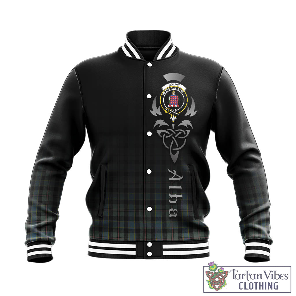 Tartan Vibes Clothing Ogilvie (Ogilvy) Hunting Tartan Baseball Jacket Featuring Alba Gu Brath Family Crest Celtic Inspired