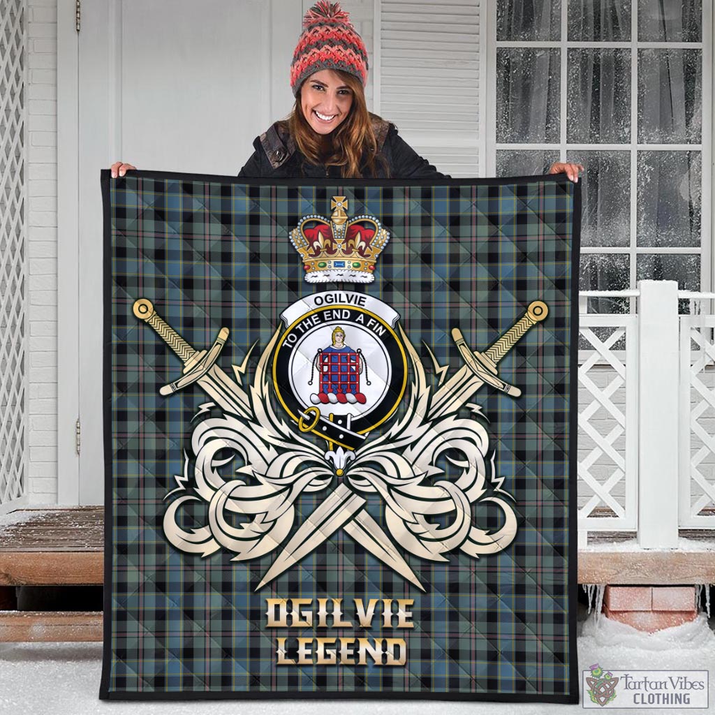 Tartan Vibes Clothing Ogilvie (Ogilvy) Hunting Tartan Quilt with Clan Crest and the Golden Sword of Courageous Legacy