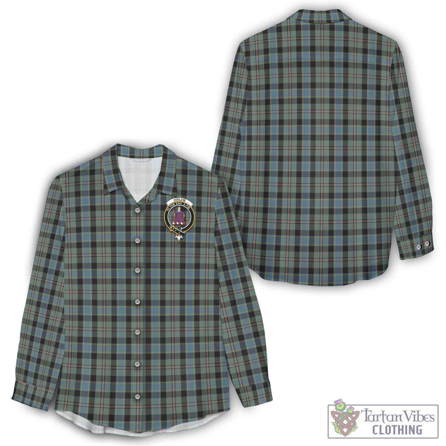 Tartan Vibes Clothing Ogilvie (Ogilvy) Hunting Tartan Womens Casual Shirt with Family Crest