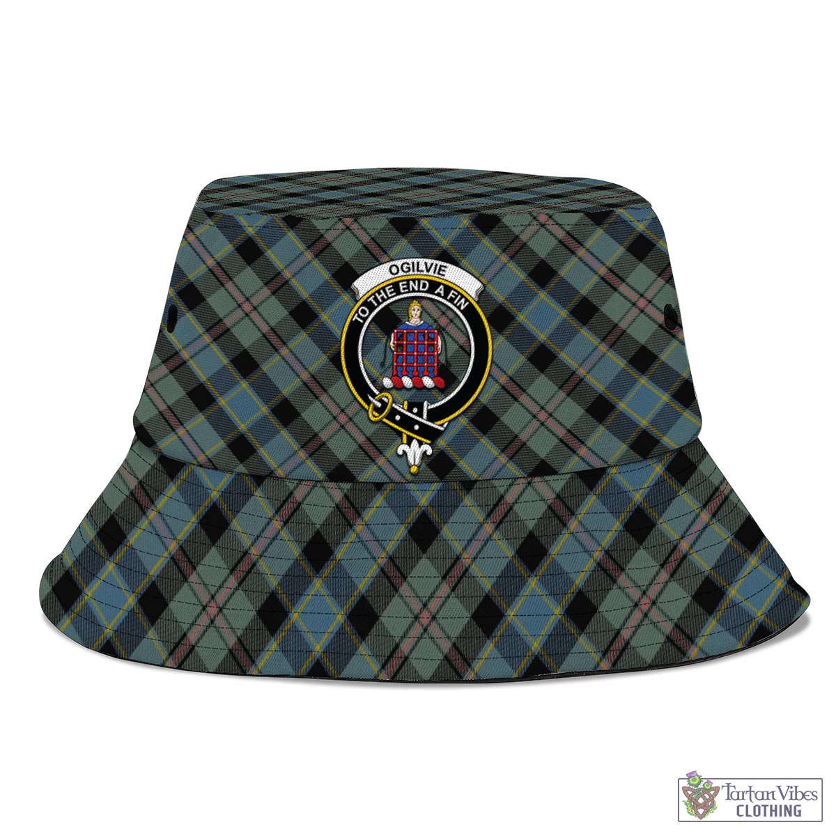 Tartan Vibes Clothing Ogilvie (Ogilvy) Hunting Tartan Bucket Hat with Family Crest