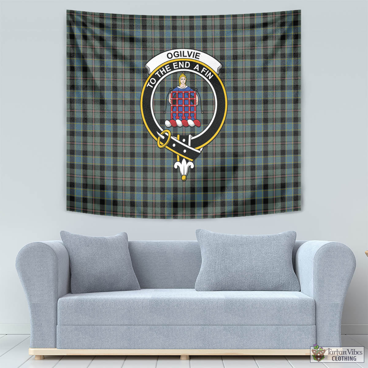 Tartan Vibes Clothing Ogilvie (Ogilvy) Hunting Tartan Tapestry Wall Hanging and Home Decor for Room with Family Crest