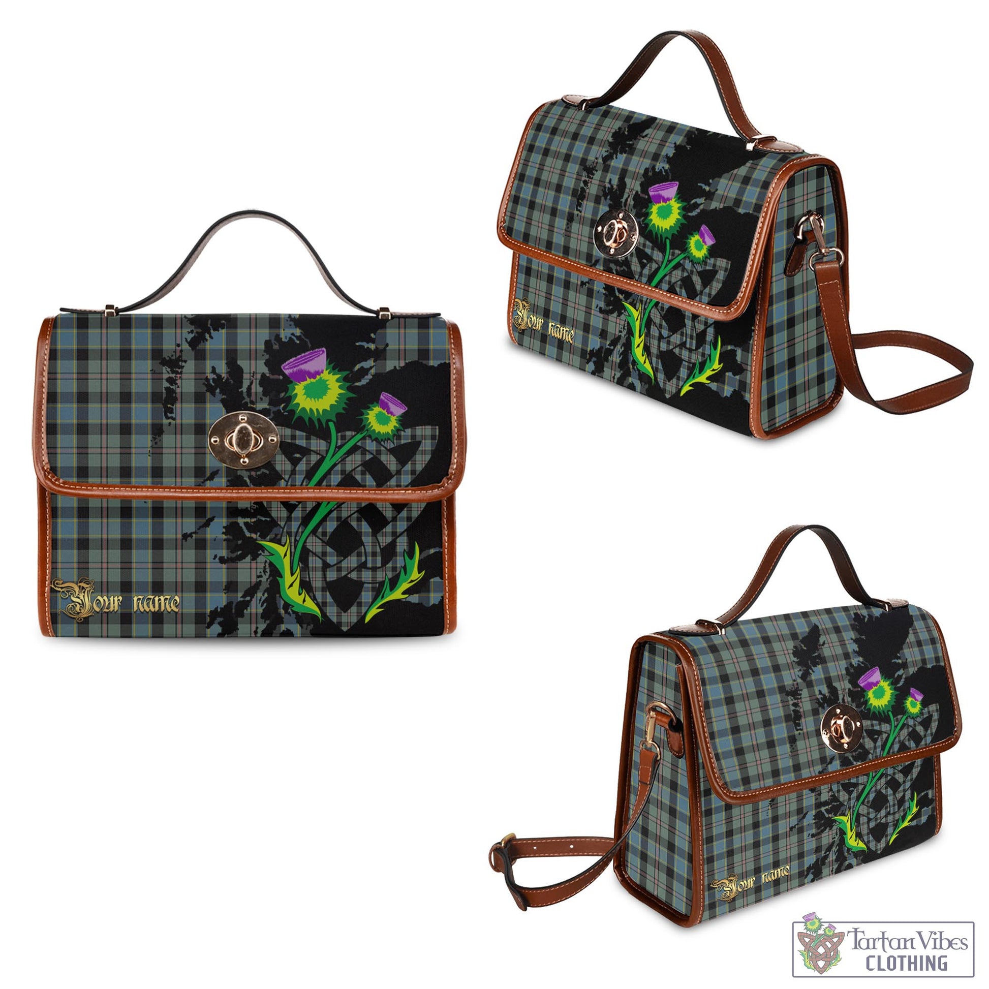 Tartan Vibes Clothing Ogilvie (Ogilvy) Hunting Tartan Waterproof Canvas Bag with Scotland Map and Thistle Celtic Accents