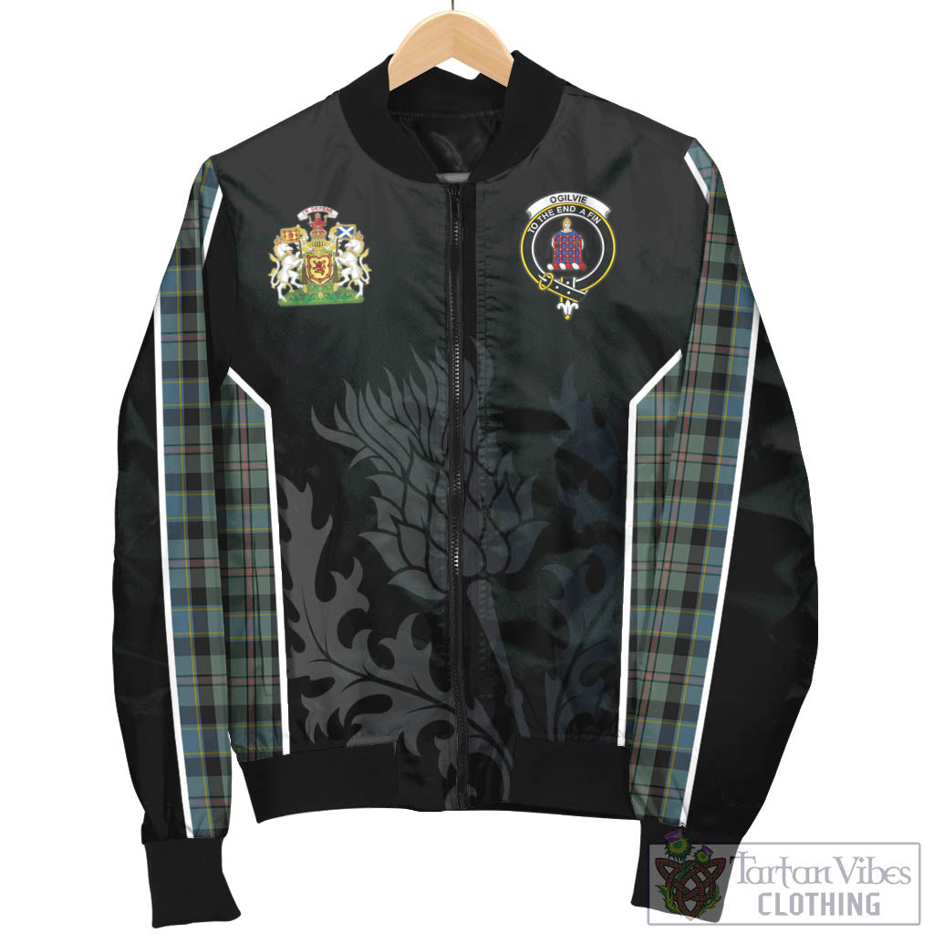 Tartan Vibes Clothing Ogilvie (Ogilvy) Hunting Tartan Bomber Jacket with Family Crest and Scottish Thistle Vibes Sport Style