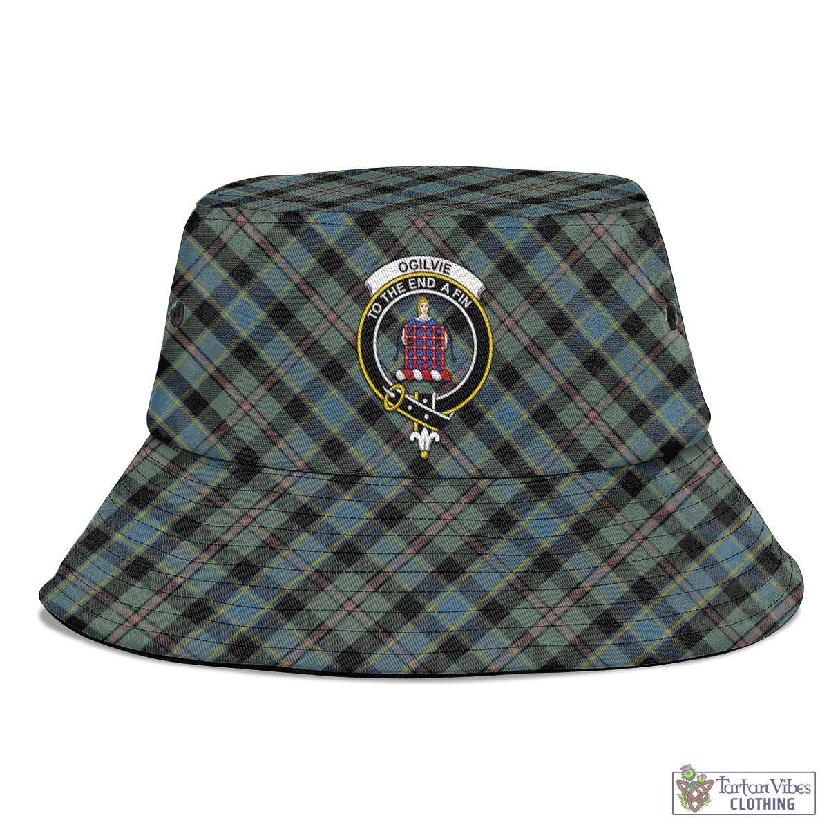 Tartan Vibes Clothing Ogilvie (Ogilvy) Hunting Tartan Bucket Hat with Family Crest