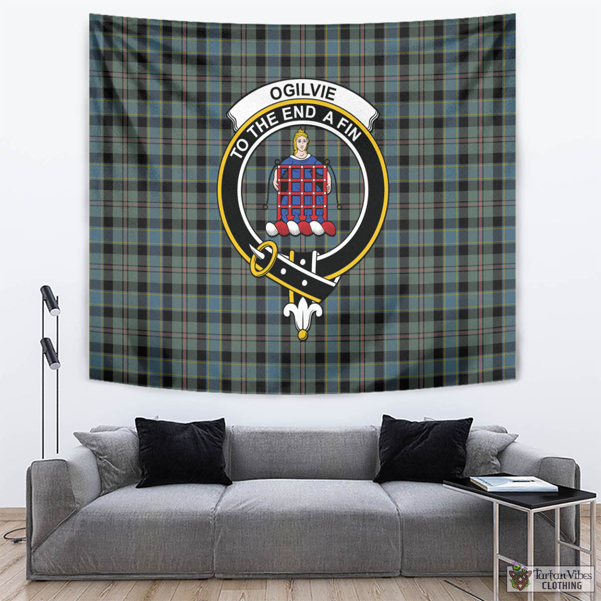 Tartan Vibes Clothing Ogilvie (Ogilvy) Hunting Tartan Tapestry Wall Hanging and Home Decor for Room with Family Crest