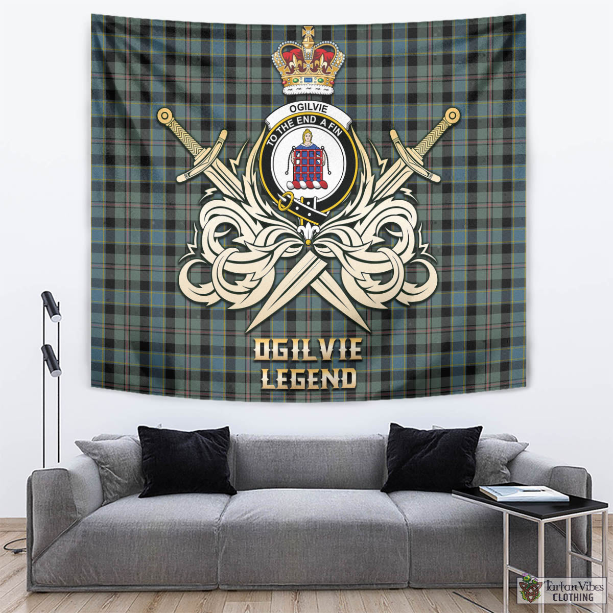 Tartan Vibes Clothing Ogilvie (Ogilvy) Hunting Tartan Tapestry with Clan Crest and the Golden Sword of Courageous Legacy