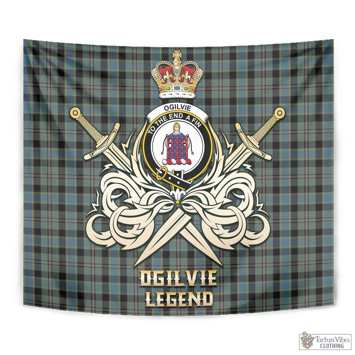 Tartan Vibes Clothing Ogilvie (Ogilvy) Hunting Tartan Tapestry with Clan Crest and the Golden Sword of Courageous Legacy