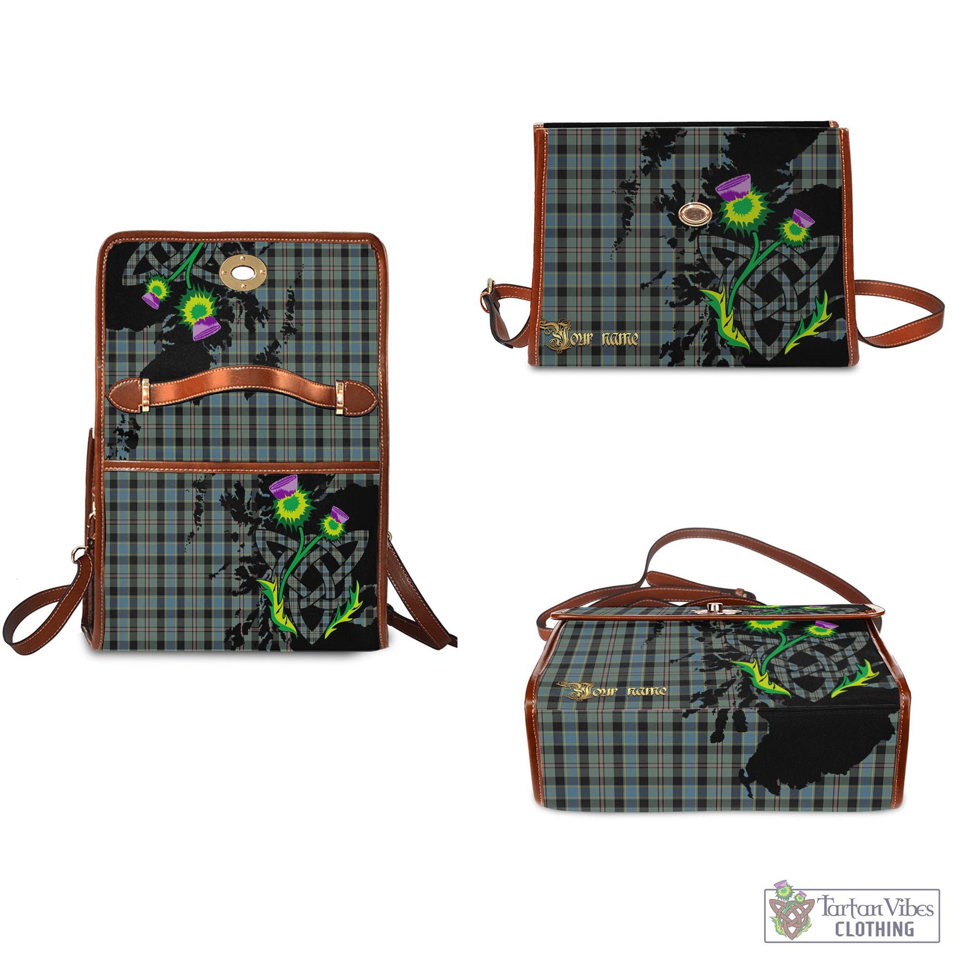 Tartan Vibes Clothing Ogilvie (Ogilvy) Hunting Tartan Waterproof Canvas Bag with Scotland Map and Thistle Celtic Accents