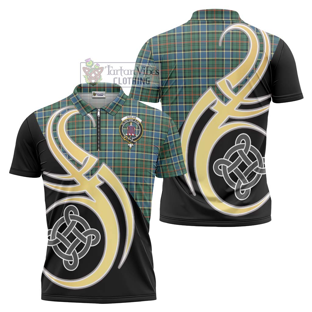 Tartan Vibes Clothing Ogilvie (Ogilvy) Hunting Ancient Tartan Zipper Polo Shirt with Family Crest and Celtic Symbol Style