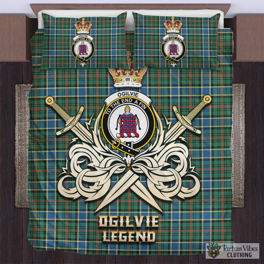 Tartan Vibes Clothing Ogilvie (Ogilvy) Hunting Ancient Tartan Bedding Set with Clan Crest and the Golden Sword of Courageous Legacy