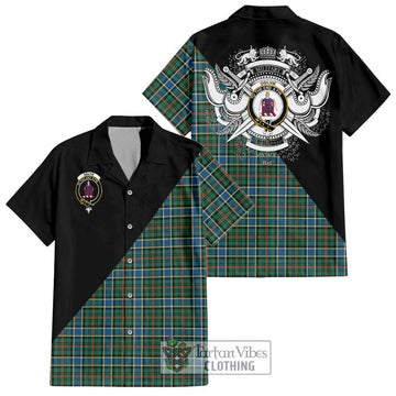 Ogilvie (Ogilvy) Hunting Ancient Tartan Short Sleeve Button Shirt with Family Crest and Military Logo Style