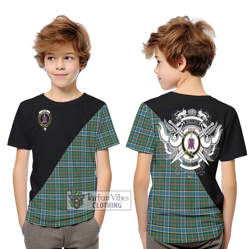 Ogilvie (Ogilvy) Hunting Ancient Tartan Kid T-Shirt with Family Crest and Military Logo Style Youth XL Size14 - Tartanvibesclothing Shop