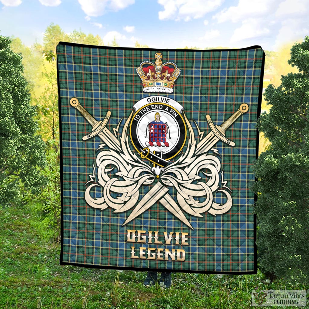 Tartan Vibes Clothing Ogilvie (Ogilvy) Hunting Ancient Tartan Quilt with Clan Crest and the Golden Sword of Courageous Legacy