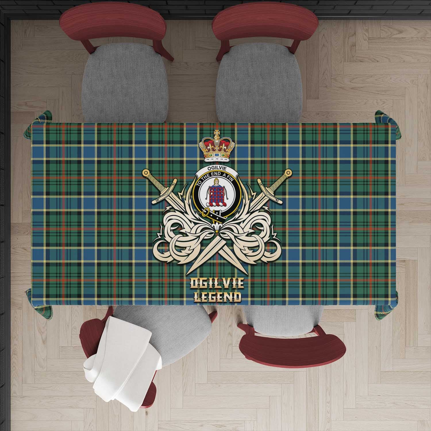 Tartan Vibes Clothing Ogilvie (Ogilvy) Hunting Ancient Tartan Tablecloth with Clan Crest and the Golden Sword of Courageous Legacy