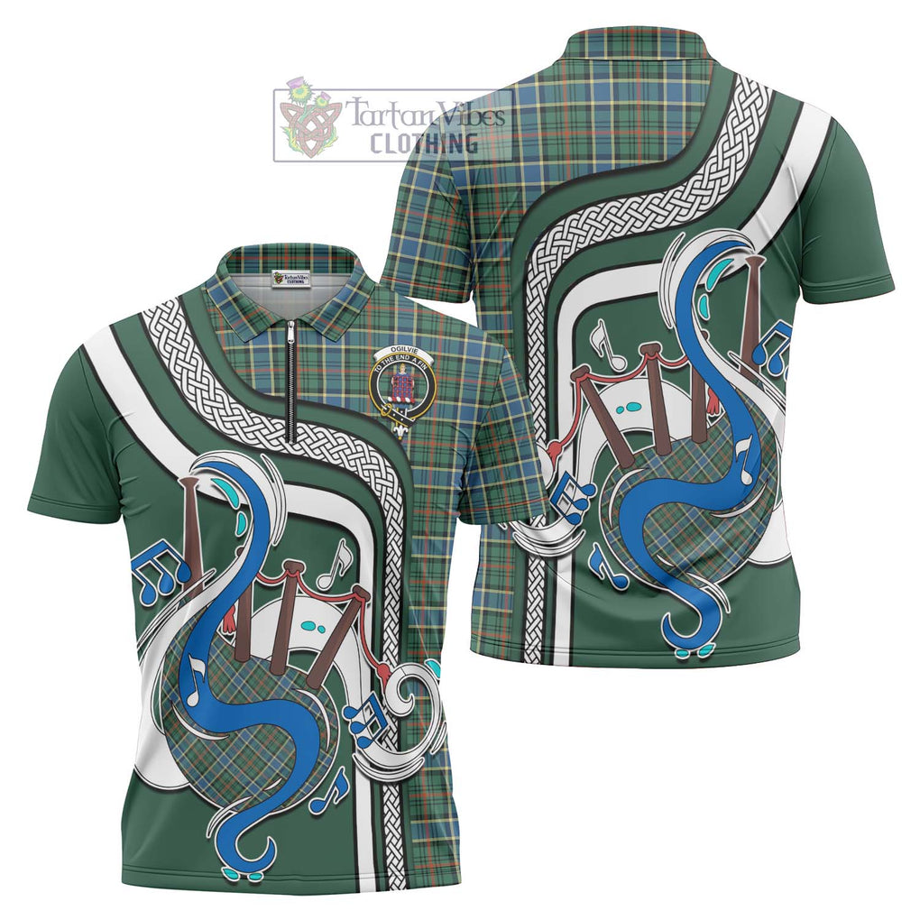 Ogilvie (Ogilvy) Hunting Ancient Tartan Zipper Polo Shirt with Epic Bagpipe Style Unisex - Tartanvibesclothing Shop