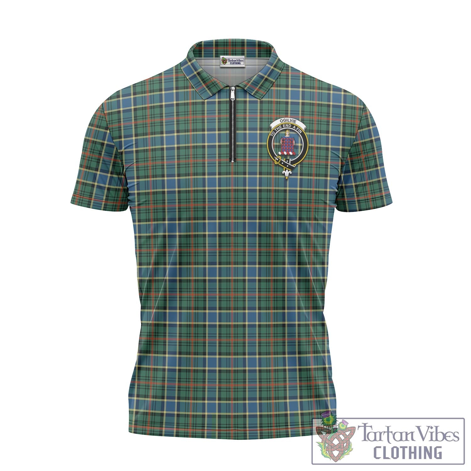 Tartan Vibes Clothing Ogilvie (Ogilvy) Hunting Ancient Tartan Zipper Polo Shirt with Family Crest