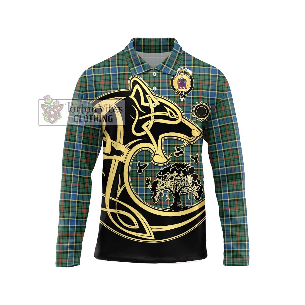 Ogilvie (Ogilvy) Hunting Ancient Tartan Long Sleeve Polo Shirt with Family Crest Celtic Wolf Style Unisex - Tartanvibesclothing Shop