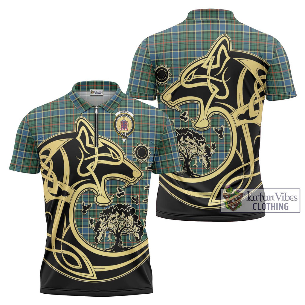 Ogilvie (Ogilvy) Hunting Ancient Tartan Zipper Polo Shirt with Family Crest Celtic Wolf Style Unisex - Tartanvibesclothing Shop