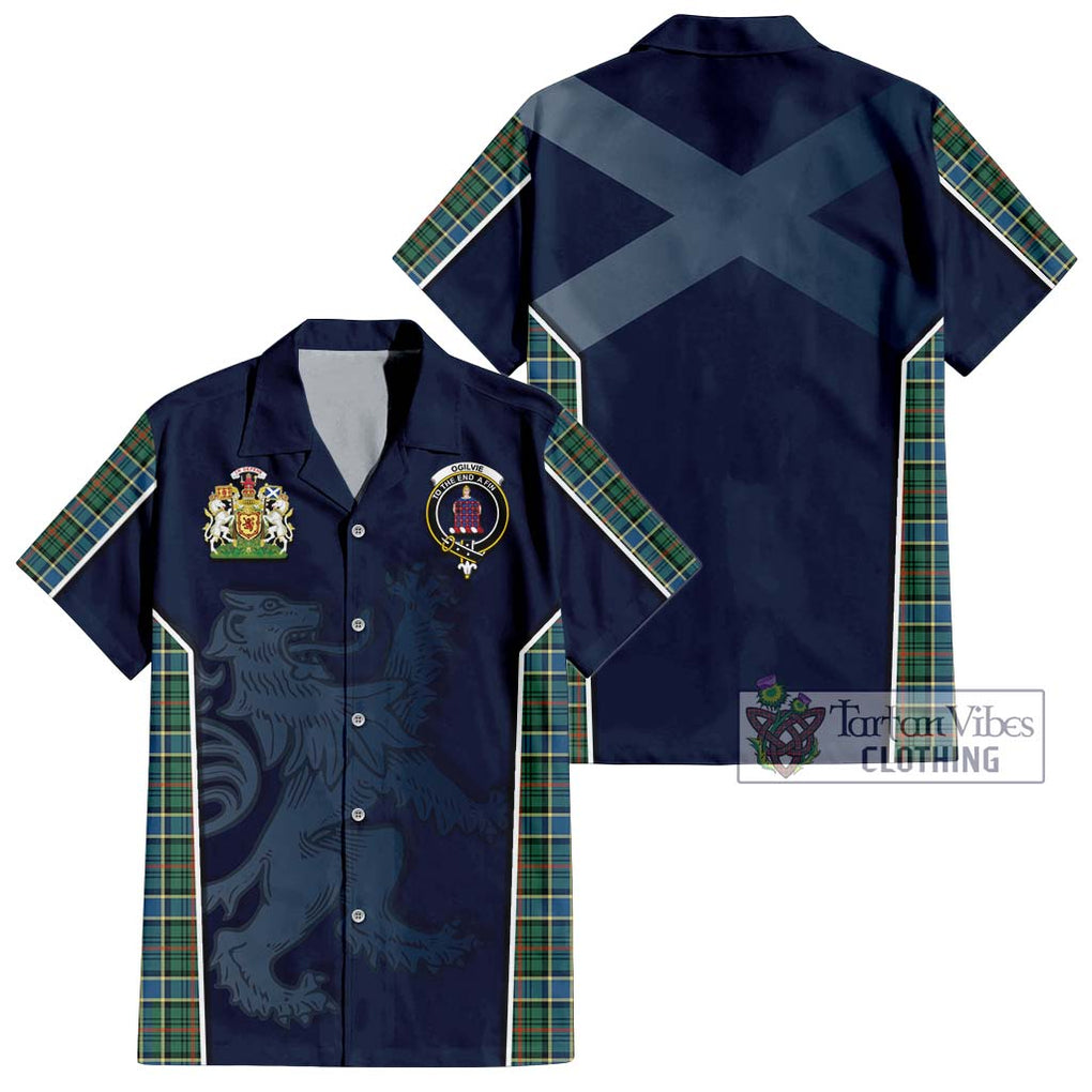 Ogilvie (Ogilvy) Hunting Ancient Tartan Short Sleeve Button Shirt with Family Crest and Lion Rampant Vibes Sport Style Kid - Tartan Vibes Clothing