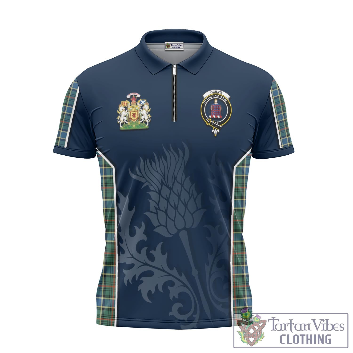 Tartan Vibes Clothing Ogilvie (Ogilvy) Hunting Ancient Tartan Zipper Polo Shirt with Family Crest and Scottish Thistle Vibes Sport Style