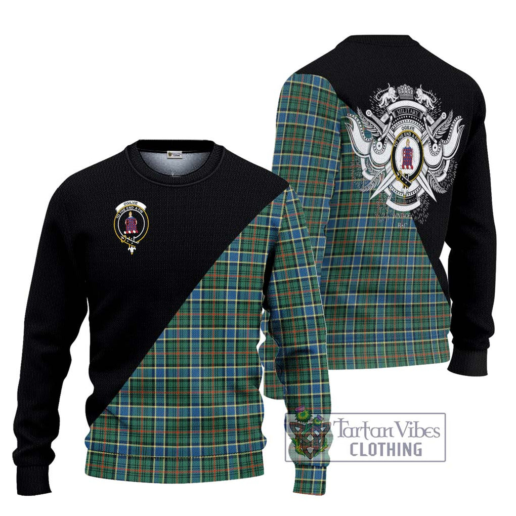 Ogilvie (Ogilvy) Hunting Ancient Tartan Knitted Sweater with Family Crest and Military Logo Style Unisex - Tartanvibesclothing Shop