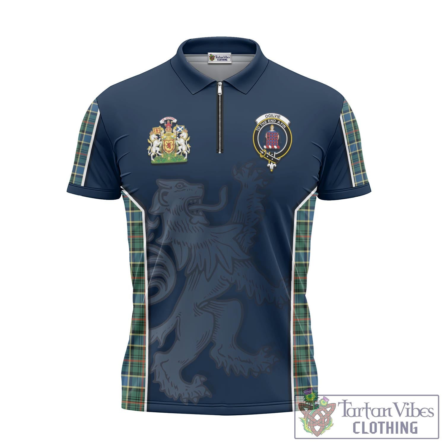 Tartan Vibes Clothing Ogilvie (Ogilvy) Hunting Ancient Tartan Zipper Polo Shirt with Family Crest and Lion Rampant Vibes Sport Style