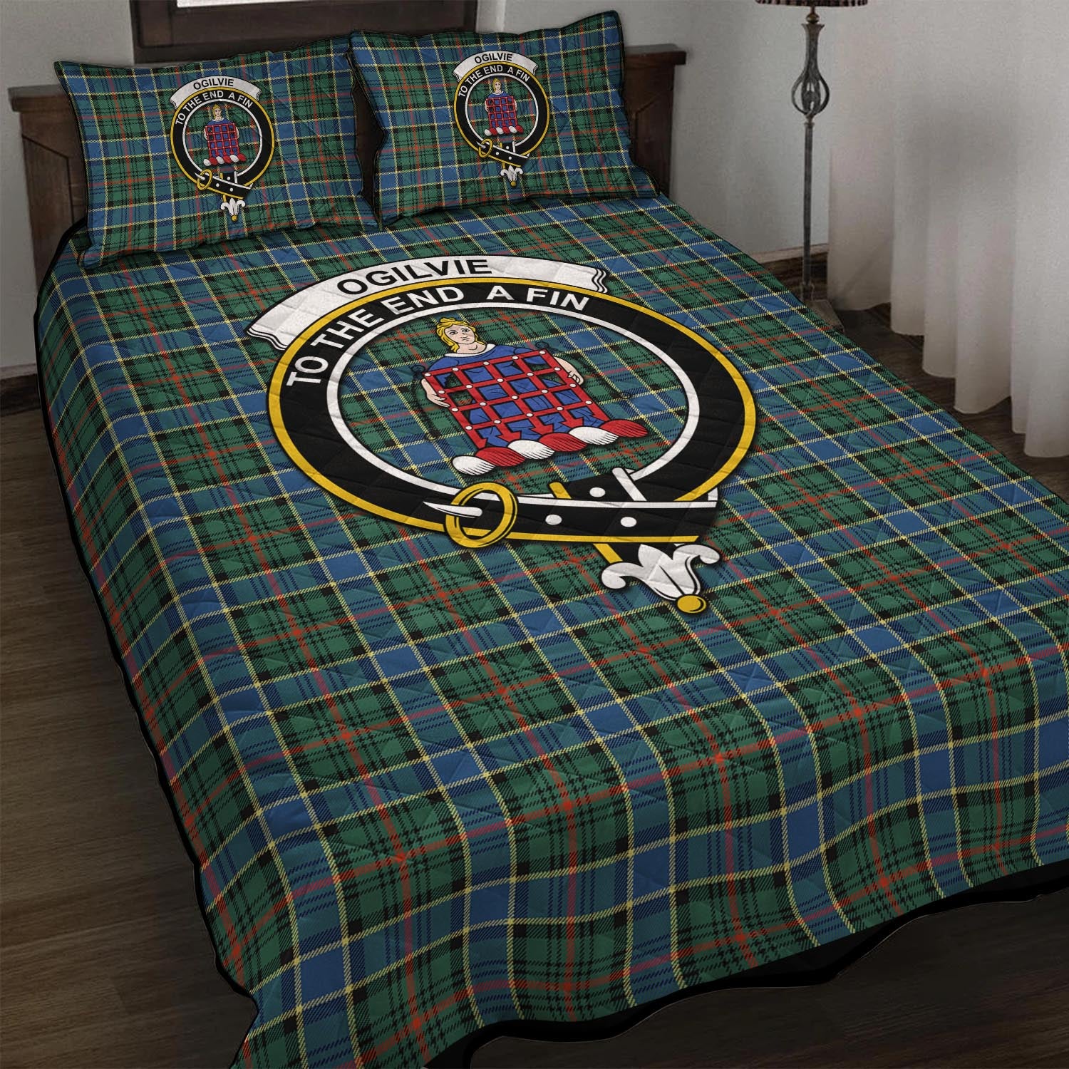 Ogilvie (Ogilvy) Hunting Ancient Tartan Quilt Bed Set with Family Crest - Tartan Vibes Clothing