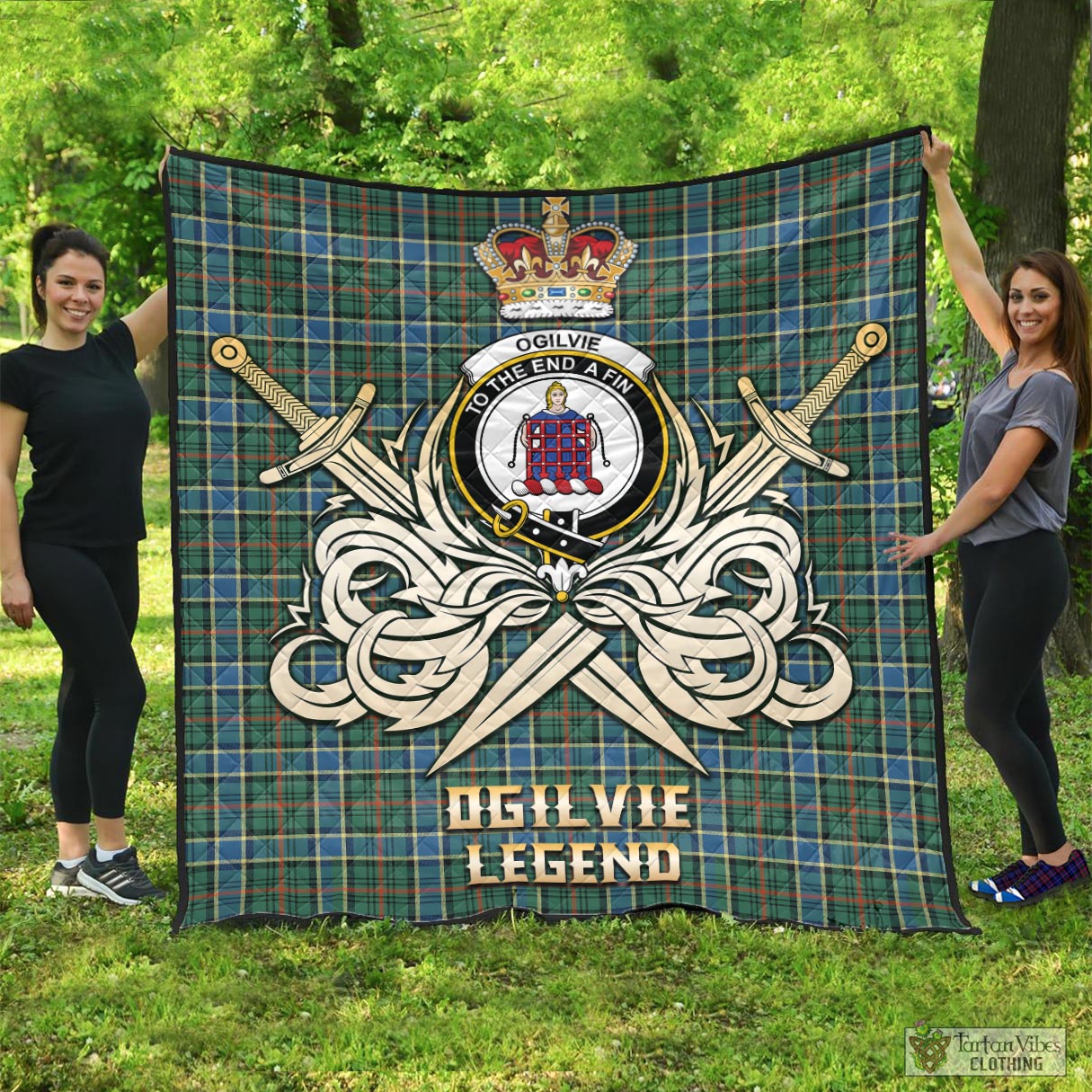 Tartan Vibes Clothing Ogilvie (Ogilvy) Hunting Ancient Tartan Quilt with Clan Crest and the Golden Sword of Courageous Legacy