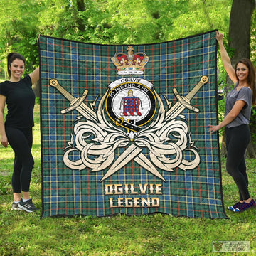 Ogilvie (Ogilvy) Hunting Ancient Tartan Quilt with Clan Crest and the Golden Sword of Courageous Legacy