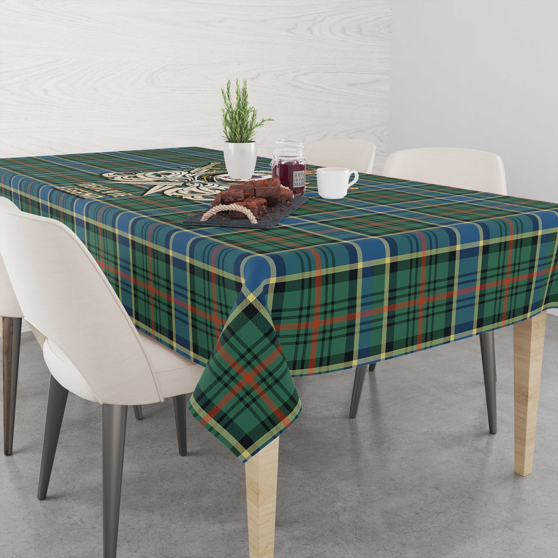 Tartan Vibes Clothing Ogilvie (Ogilvy) Hunting Ancient Tartan Tablecloth with Clan Crest and the Golden Sword of Courageous Legacy