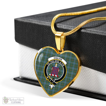 Ogilvie (Ogilvy) Hunting Ancient Tartan Heart Necklace with Family Crest