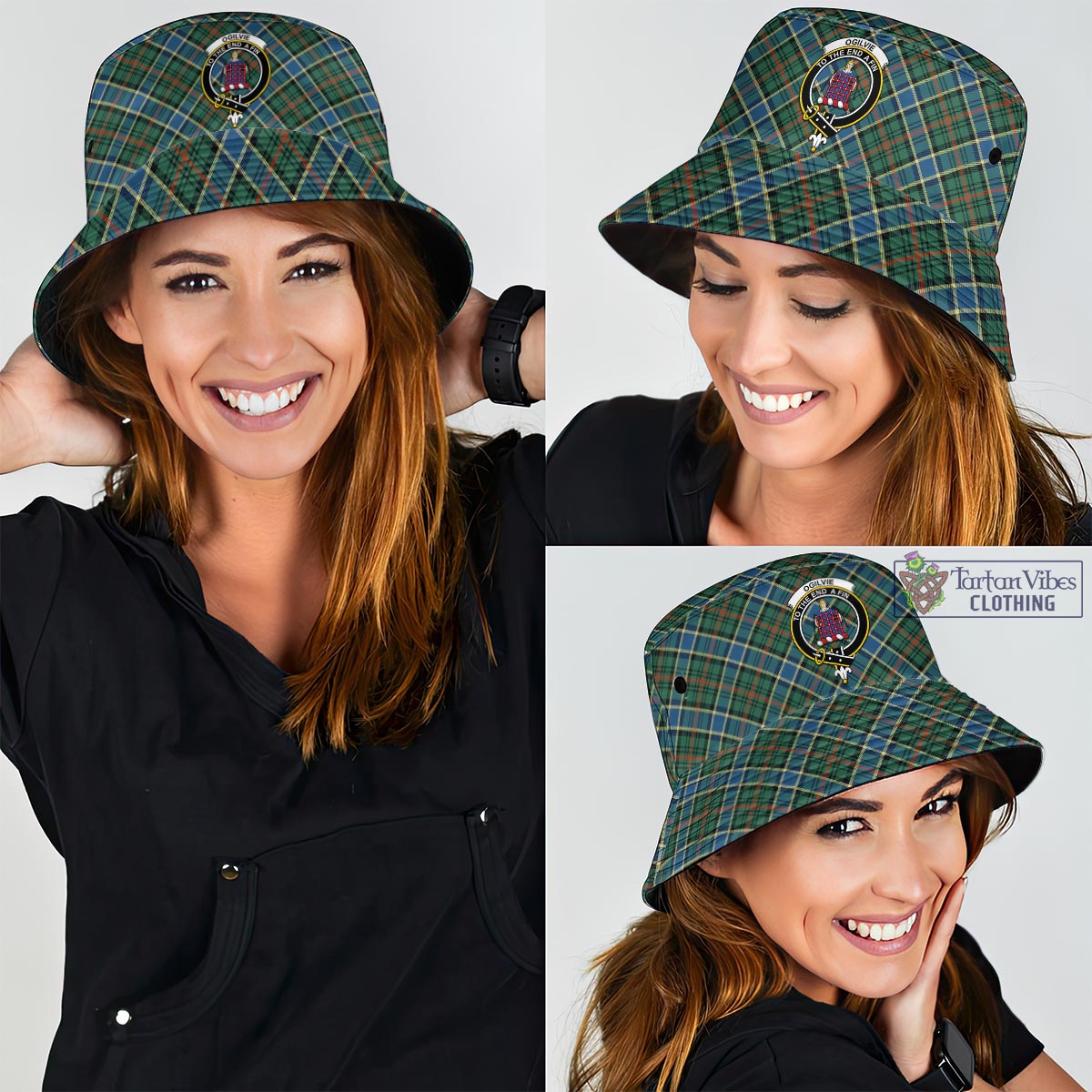 Tartan Vibes Clothing Ogilvie (Ogilvy) Hunting Ancient Tartan Bucket Hat with Family Crest