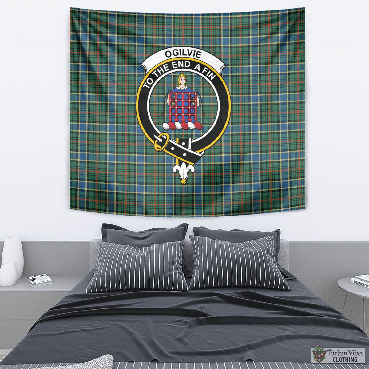 Tartan Vibes Clothing Ogilvie (Ogilvy) Hunting Ancient Tartan Tapestry Wall Hanging and Home Decor for Room with Family Crest