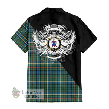 Ogilvie (Ogilvy) Hunting Ancient Tartan Short Sleeve Button Shirt with Family Crest and Military Logo Style