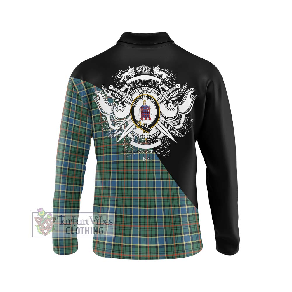 Ogilvie (Ogilvy) Hunting Ancient Tartan Long Sleeve Polo Shirt with Family Crest and Military Logo Style - Tartanvibesclothing Shop