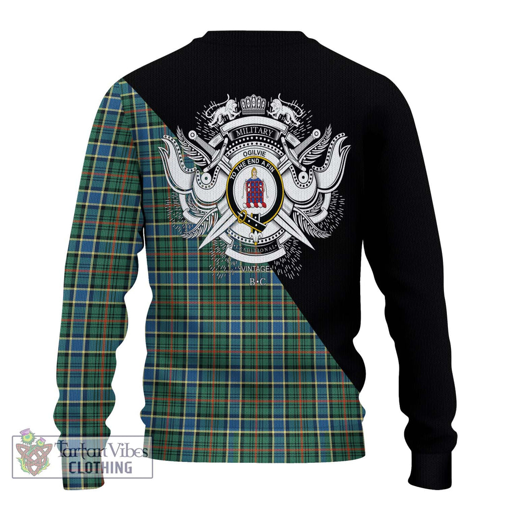 Ogilvie (Ogilvy) Hunting Ancient Tartan Knitted Sweater with Family Crest and Military Logo Style - Tartanvibesclothing Shop