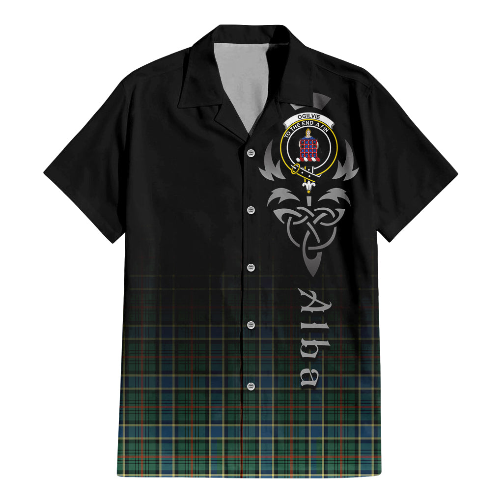 Tartan Vibes Clothing Ogilvie (Ogilvy) Hunting Ancient Tartan Short Sleeve Button Up Featuring Alba Gu Brath Family Crest Celtic Inspired