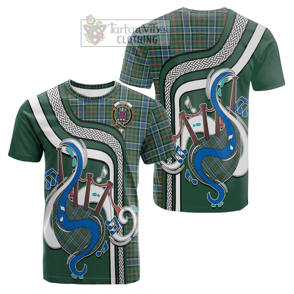 Tartan Vibes Clothing Ogilvie (Ogilvy) Hunting Ancient Tartan Cotton T-shirt with Epic Bagpipe Style