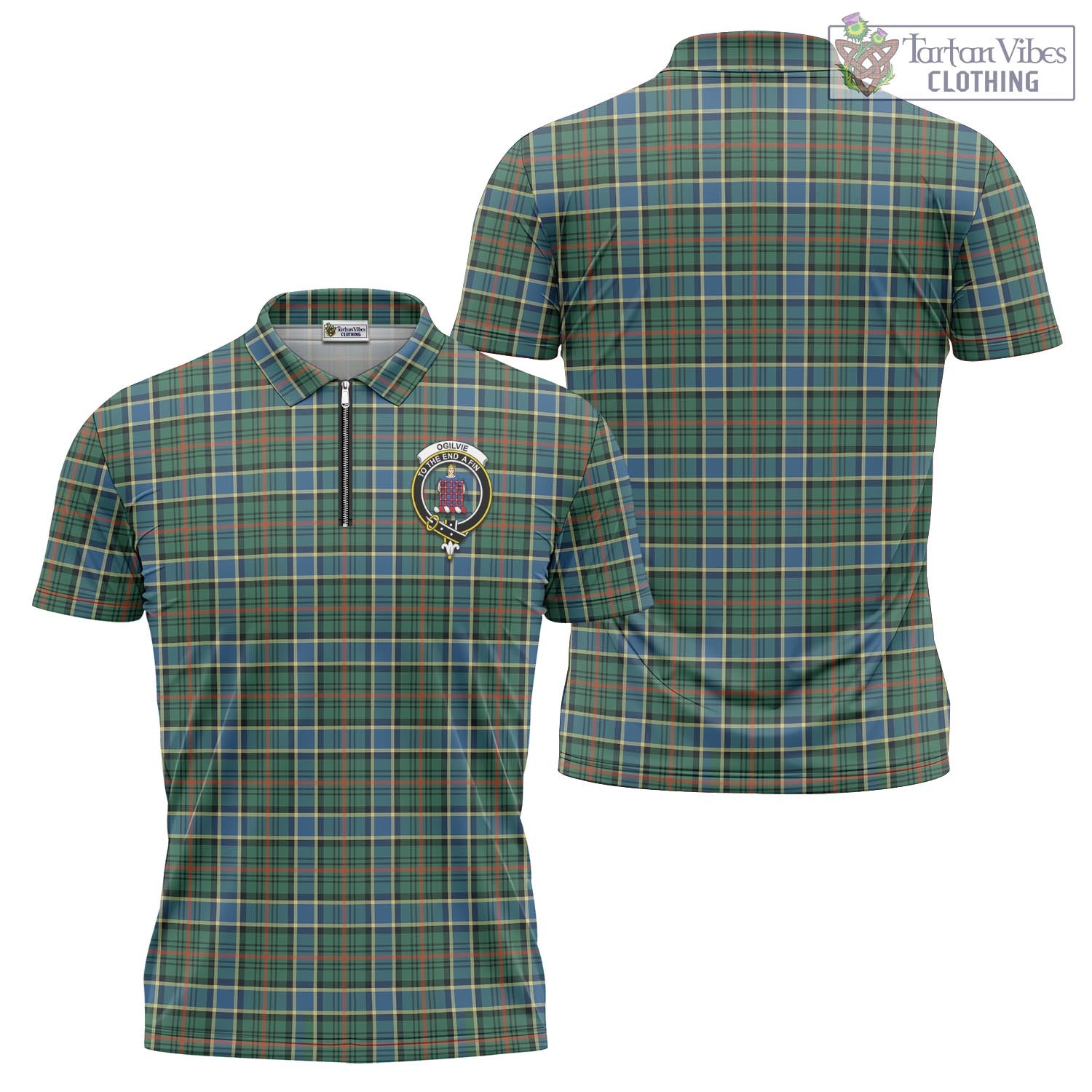 Tartan Vibes Clothing Ogilvie (Ogilvy) Hunting Ancient Tartan Zipper Polo Shirt with Family Crest