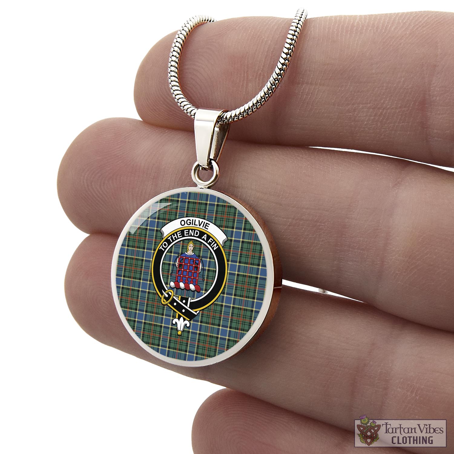 Tartan Vibes Clothing Ogilvie (Ogilvy) Hunting Ancient Tartan Circle Necklace with Family Crest