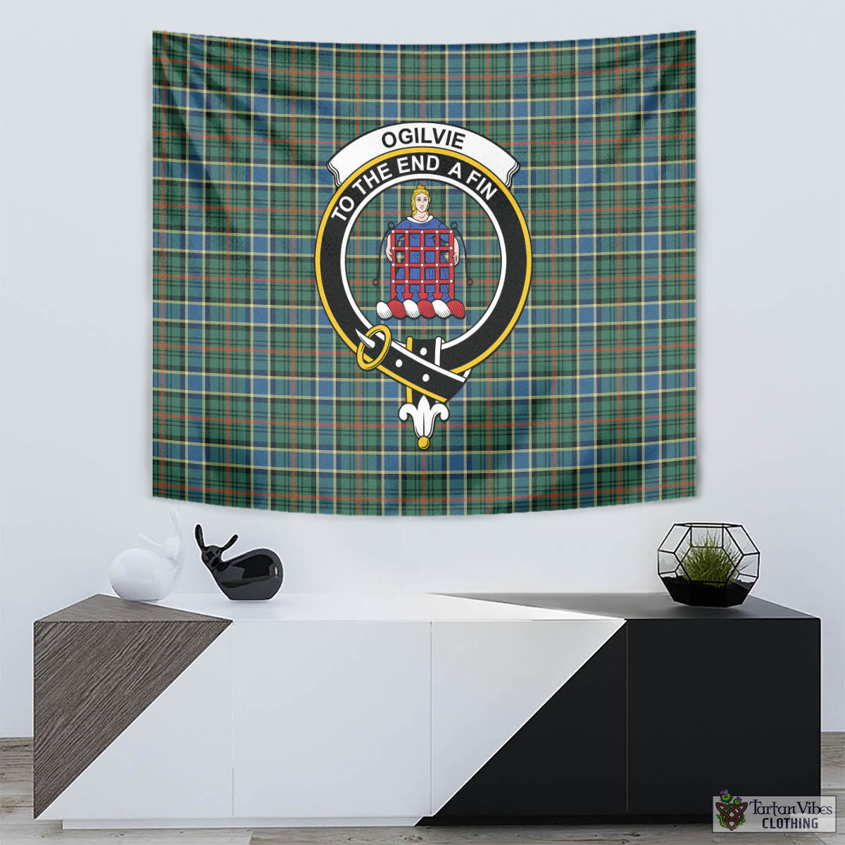 Tartan Vibes Clothing Ogilvie (Ogilvy) Hunting Ancient Tartan Tapestry Wall Hanging and Home Decor for Room with Family Crest