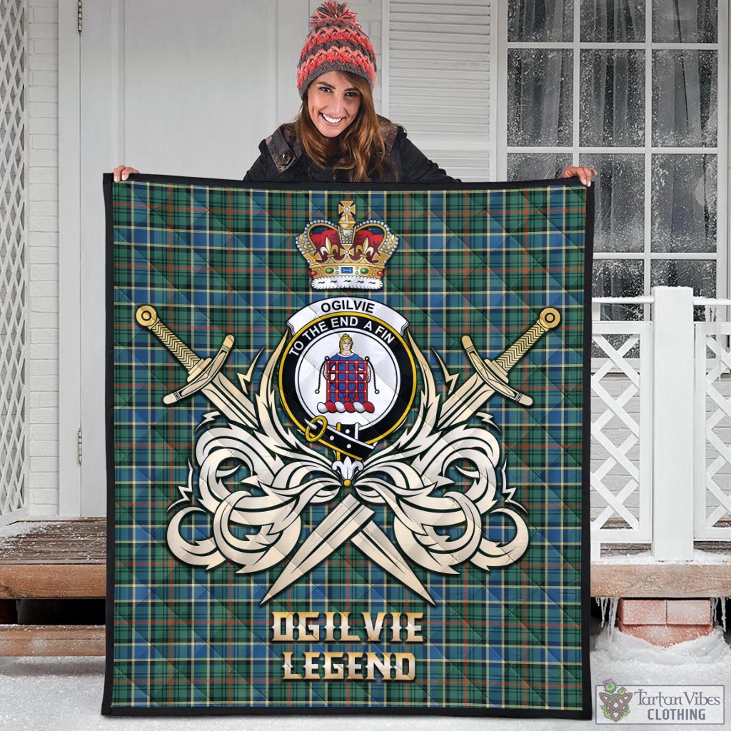 Tartan Vibes Clothing Ogilvie (Ogilvy) Hunting Ancient Tartan Quilt with Clan Crest and the Golden Sword of Courageous Legacy