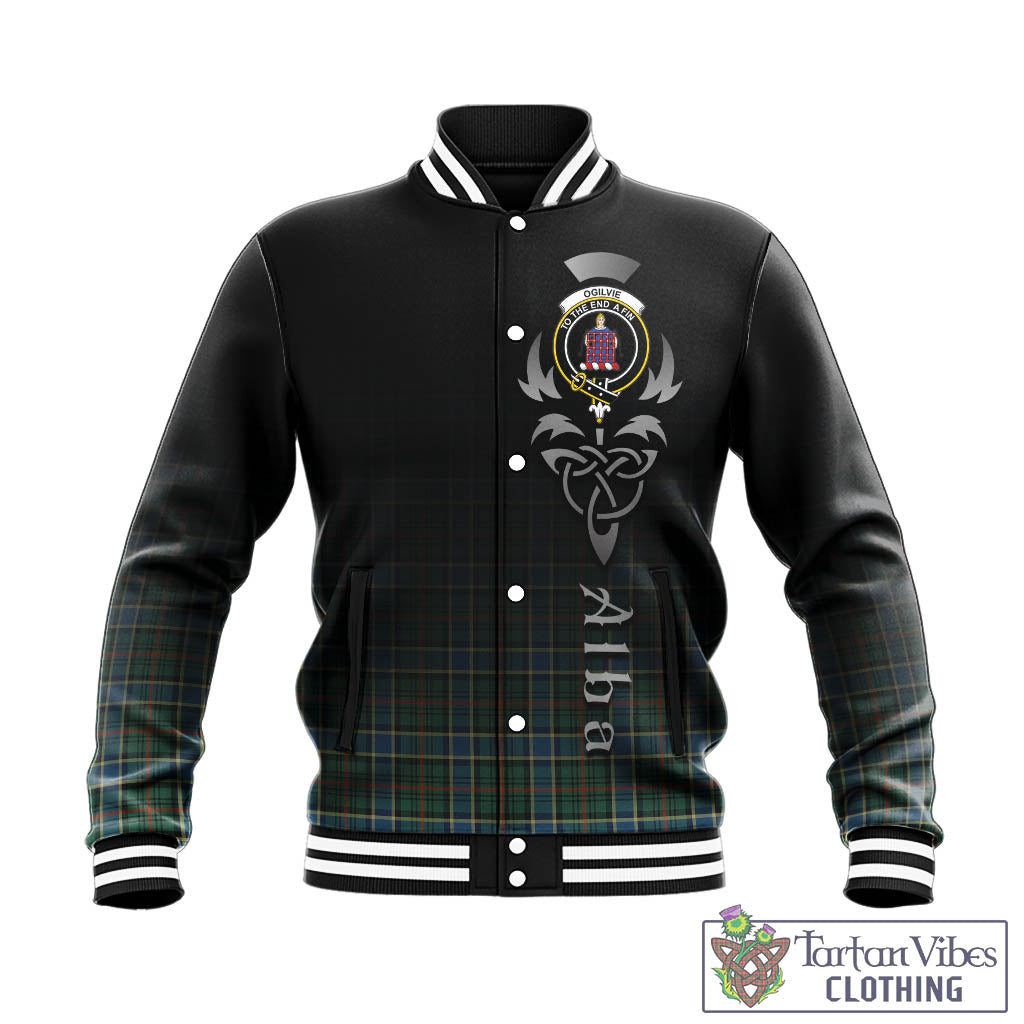 Tartan Vibes Clothing Ogilvie (Ogilvy) Hunting Ancient Tartan Baseball Jacket Featuring Alba Gu Brath Family Crest Celtic Inspired